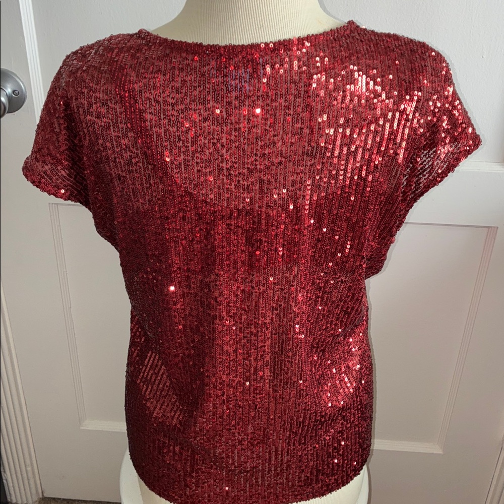 Rich Red Sequin V-Neck Top (L/XL) - Picture 3 of 7